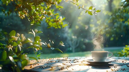 A steaming cup of coffee on the table outdoors with green trees and sunlight in the background.
