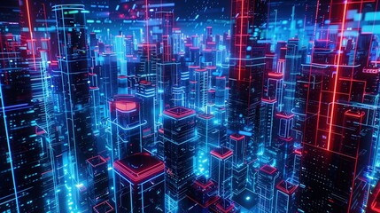 An illuminated cyberpunk modern city at night, aerial view