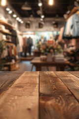 A wooden display table in the foreground with a blurred background of a fashion boutique. The background features stylish clothing racks, mannequins dressed in the latest fashions.