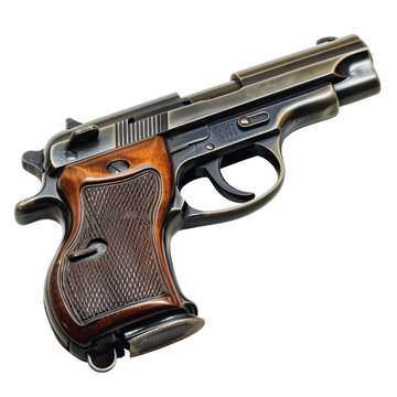 Pistola semiautom&aacute;tica del calibre 9 mil&iacute;metros en color negro con las cachas de madera, sobre fondo transparente 
