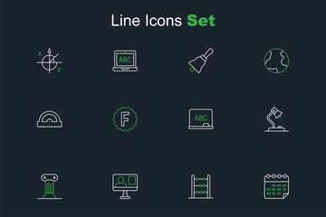 Set line School timetable, Abacus, Online class, Law pillar, Table lamp, Chalkboard, Exam paper with incorrect answers and Protractor grid icon. Vector