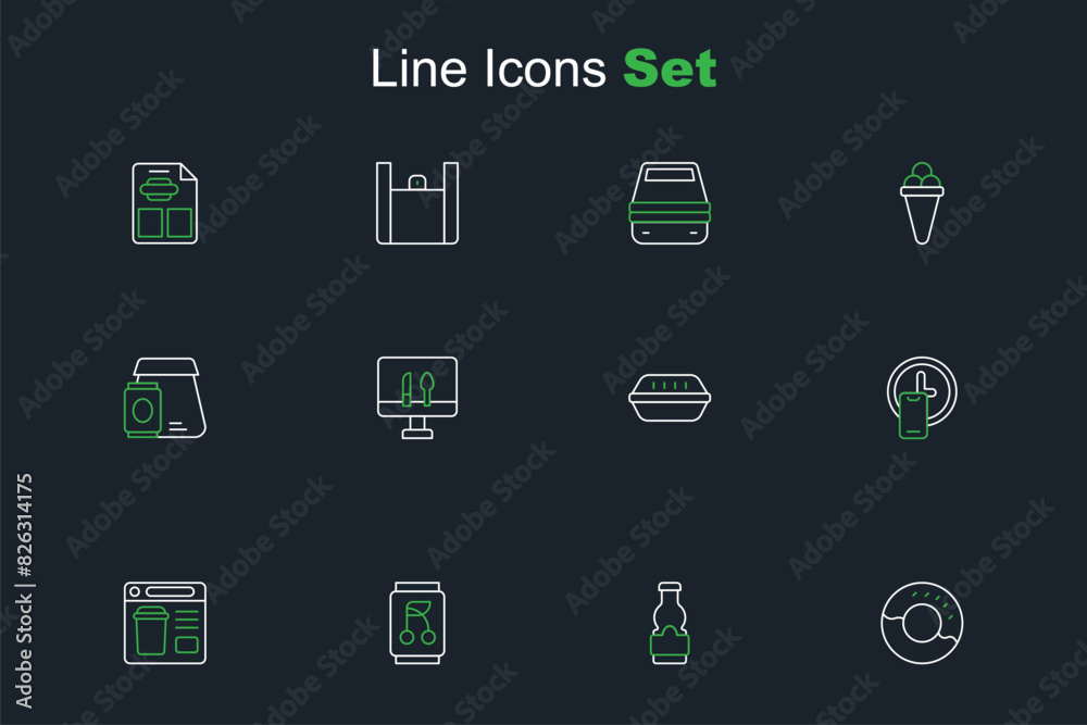 Poster Set line Donut, Sauce bottle, Soda can, Online ordering food, Round the clock delivery, Lunch box, and icon. Vector