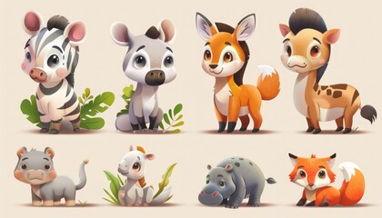 An adorable collection of cartoon baby animals including a zebra hippo fox and more is perfect for children's book illustrations or educational materials.