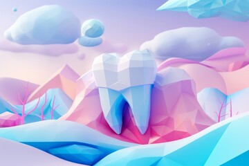 A design layout for a dental clinic homepage features a low poly teeth treatment illustration. This 3D illustration highlights modern dental services and teeth whitening creating an innovative dental