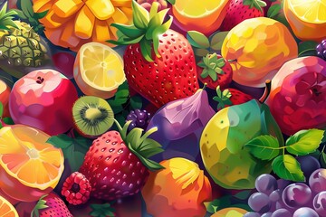 A vibrant cartoon illustration showcases a variety of fruits each rendered in bright lively colors that capture the essence of freshness and healthiness.