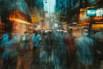 Long exposure shot capturing the dynamic movement of pedestrians in an urban street setting