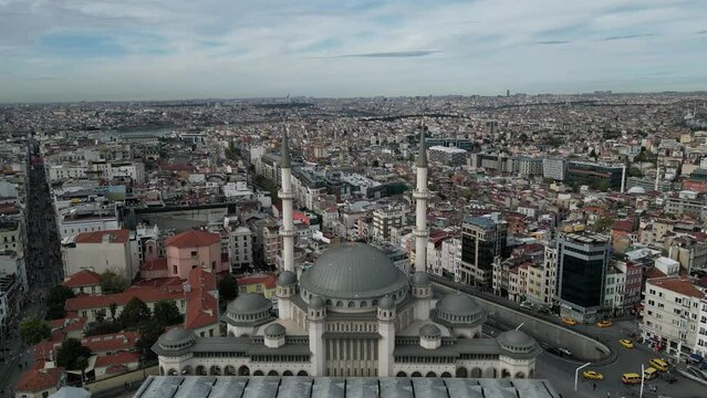 Aerial shot of Istanbul showing the area near Taksim Street with a mosque nearby.