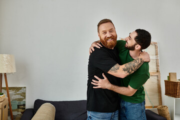 Two men hug in living room, celebrating beginning of new life together.