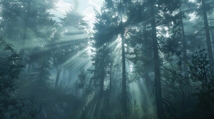 Obraz premium Sunbeams filtering through foggy forest trees, creating an ethereal and mystical atmosphere.