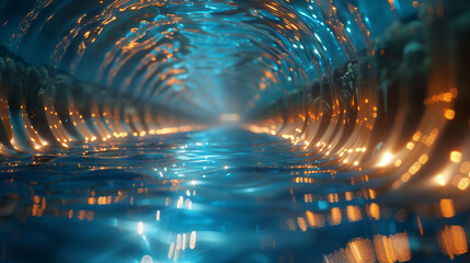 Illuminated underwater tunnel with dynamic light reflections and waves.