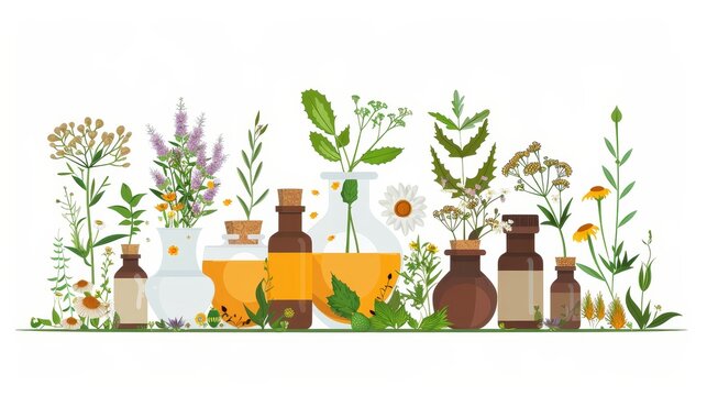 An illustration of homeopathy and herbal remedies set against a white background. This flat graphic modern illustration conveys the concept of traditional herbal recipes for alternative medicine and