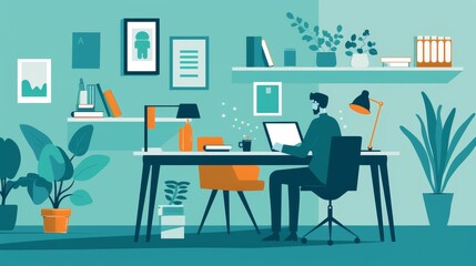 An inflated modern illustration depicting a person working at a desk using a laptop computer. This flat illustration captures a business worker at work seated in a chair at a desk.