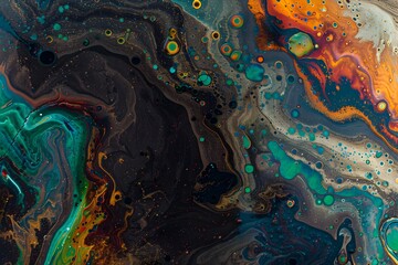 Aerial view of an oil slick on the ground, creating vibrant and colorful patterns in contrast to the dark earthy tones below
