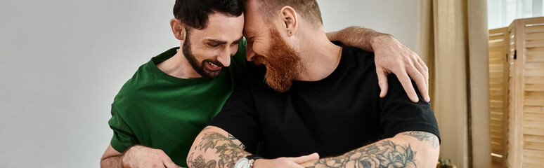 Two men, a gay couple in love, embracing each other in new home