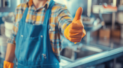 A customer giving a thumbs-up gesture in front of a friendly service Generative AI