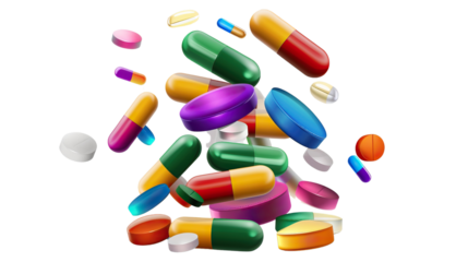 Stack of colorful pharmaceutical vitamin pills on a transparent background