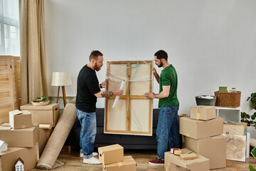 Two men lovingly unpack furniture in a cozy living room filled with boxes, beginning their new life...