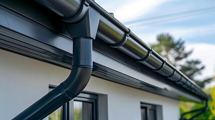 seamless protection new aluminum rain gutters on house facade outdoor home improvement