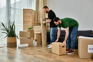 Two men, a gay couple, are moving boxes in their living room in preparation for their new life...
