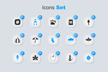 Set Thermometer, Umbrella, Winter hat, Leaf, and Socks icon. Vector