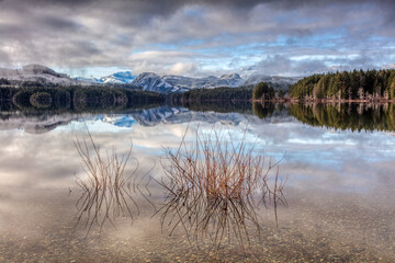 Stella Lake Reflections with mountains in the morning light.