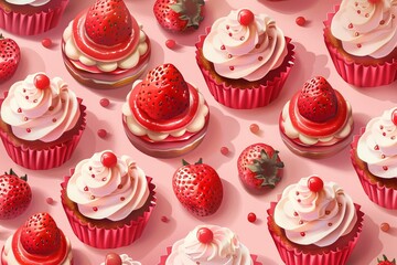 An attractive 2D illustration features a delightful pattern of sweet cakes on a background of strawberry cakes perfect for pastry lovers and culinary projects.