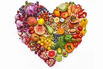 Foods shaped like hearts symbolize healthy eating and a balanced diet illustrating the importance of including fruits and vegetables. Generated with AI.