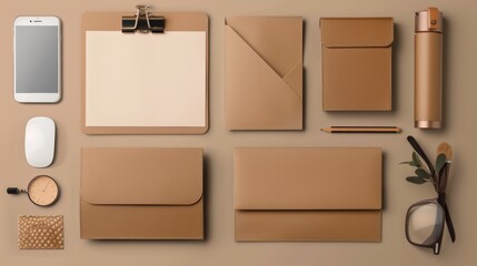 Business branding, brown professional stationery, flat lay design for corporate identity