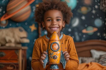 Cheerful afro American child holds up a toy rocket, beaming with joy in his cosmic designed bedroom, embodying childhood playfulness and the fascination with space and adventure