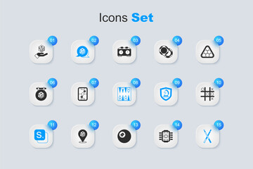 Set Table football, Air hockey table, Game dice, Bingo, Crossed billiard cues, Tic tac toe game, and Backgammon board icon. Vector