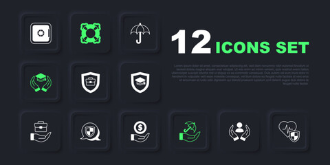 Set Life insurance, with shield, Briefcase, Umbrella hand, Education grant, Shield, Lifebuoy and Money icon. Vector