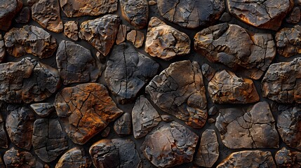 An ultrarealistic photograph focusing on the intricate details and textures of a stone wall's surface.
