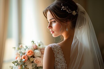 Bride's standing behind the windows. Wedding day concept. Family, memories.
