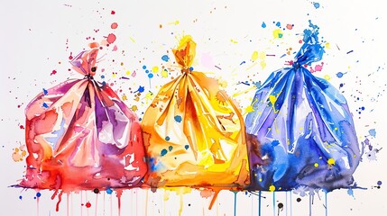 Colorful trash plastic bags with watercolor splashes on a white background. concept of maintaining cleanliness and environmental protection