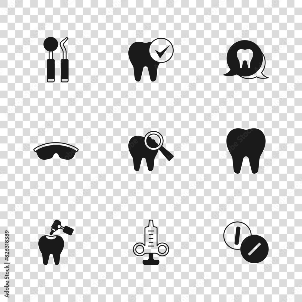 Wall mural Set Syringe, Tooth, Toothache painkiller tablet, Broken tooth, Dental mirror and probe, and Safety goggle glasses icon. Vector