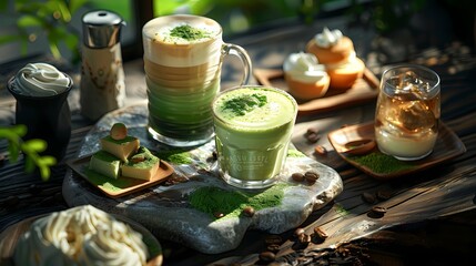 Mockup iced matcha Japanese green tea latte product photography minimal style background, advertising poster and wallpaper or banner