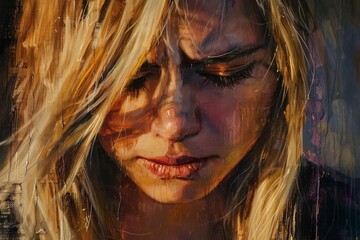 Artistic closeup of a pensive woman with sunlight casting shadows on her face