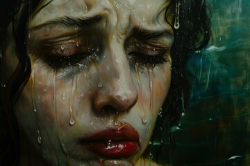 Artistic portrayal of a crying woman with raindrops blending with tears