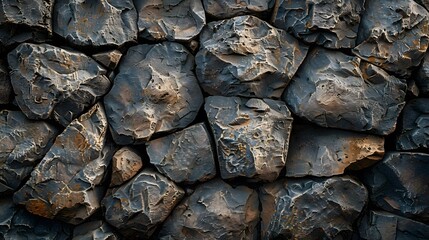 An ultrarealistic photograph focusing on the intricate details and textures of a stone wall's surface.
