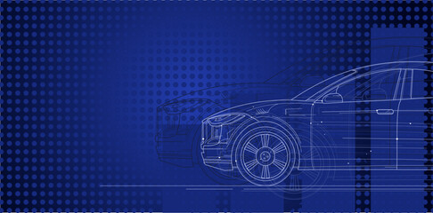blue background with modern car, automotive, empty space - vector illustration