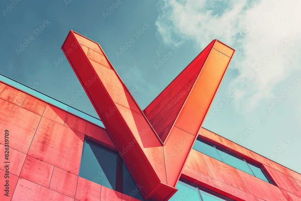 Poster A red building with a prominent V symbol on the side. Suitable for various business concepts