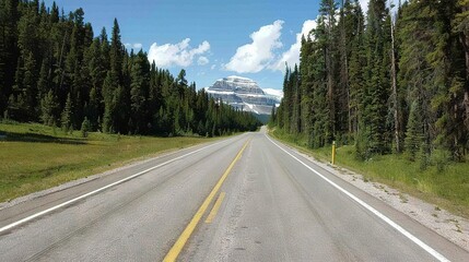 Naklejka premium A snow-covered mountain looms behind a road flanked by trees in a forest