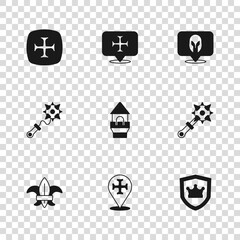 Set Crusade, Mace with spikes, Shield crown, Castle tower, Medieval helmet, and icon. Vector