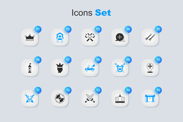 Set King crown, Medieval throne, Skull with sword, Antique treasure chest, Crusade, and catapult icon. Vector