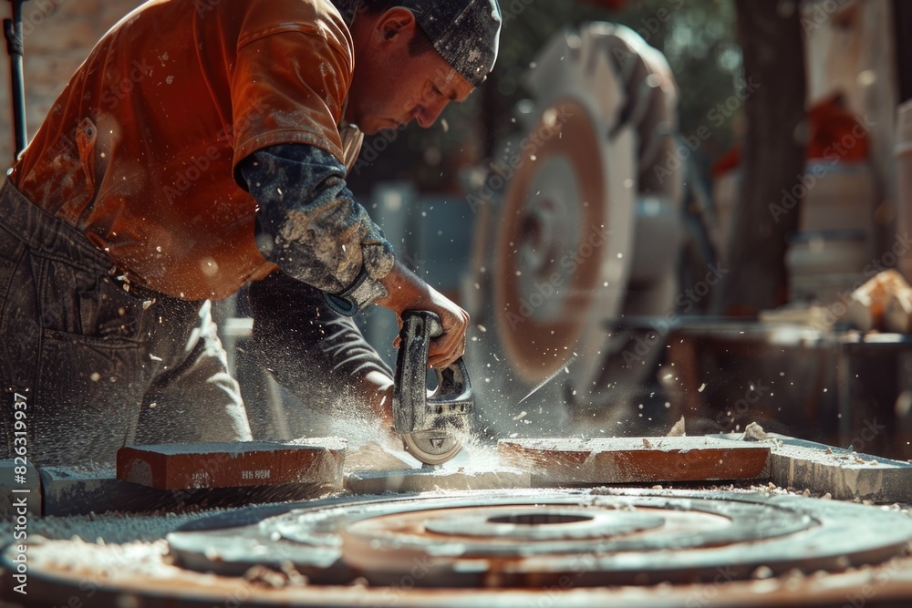 Poster a man using a circular saw to cut wood. suitable for construction projects