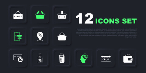 Set Market store, Wallet, Location with percent, Discount tag, Mobile shopping cart, Shopping basket and POS terminal icon. Vector