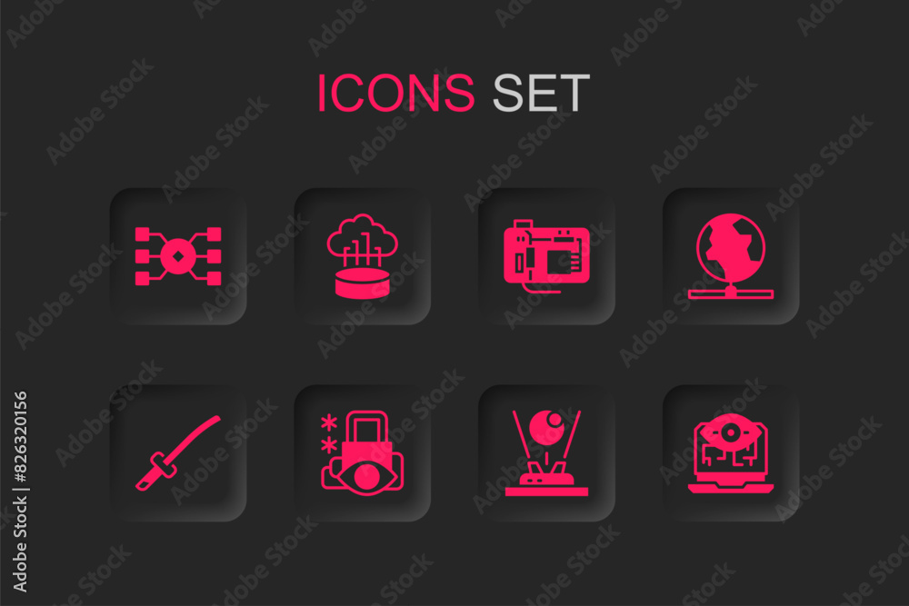 Canvas Prints Set Cyber security, Network cloud connection, Neural network, Hologram, Global technology, Computer vision, Motherboard and Katana icon. Vector