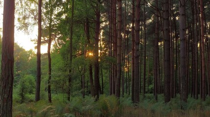   Through a forest of tall, green grass and thin trees, the sun's rays pierce