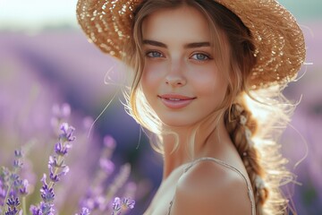 Beautiful young woman portrait in lavender field on summer day. Girl in straw hat on the lavender field on sunset. Girl collect lavender.