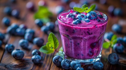 Blueberry smoothie in a glass on a wooden table with blueberries and mint leaves. the most popular...